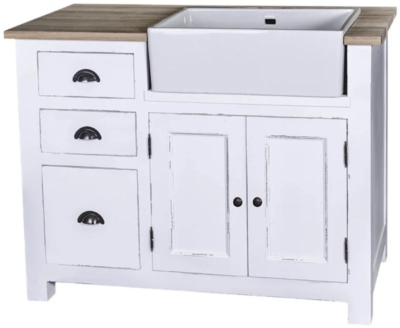 Casa Padrino Landhausstil Spülenschrank mit 2 Türen und 3 Schubladen Antik Weiß / Naturfarben 118 x 65 x H. 90 cm - Shabby Chic Küchenmöbel