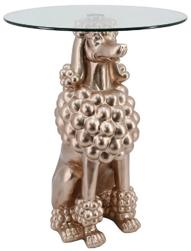 Casa Padrino Luxus Beistelltisch Hund Kupfer Ø 48,5 x H. 64 cm - Runder Kunstharz Tisch mit Glasplatte - Wohnzimmer Möbel - Luxus Möbel - Luxus Einrichtung - Wohnzimmer Einrichtung