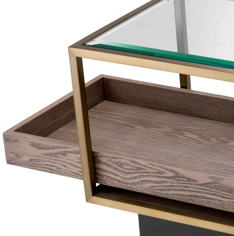 Casa Padrino Luxus Beistelltisch Messing / Grau / Schwarz 90 x 42 x H. 44 cm - Rechteckiger Wohnzimmer Tisch mit Glasplatte - Hotel Tisch - Wohnzimmer Möbel - Hotel Möbel - Luxus Möbel