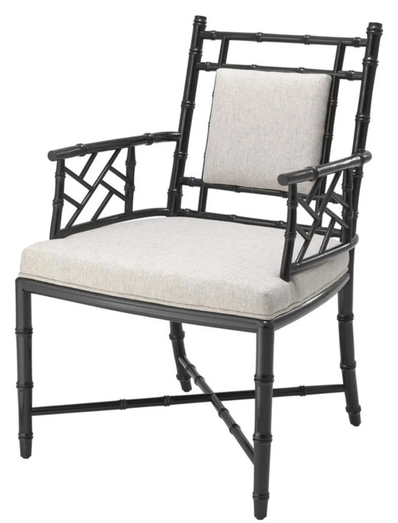 Casa Padrino Luxus Esszimmerstuhl mit Armlehnen Piano Schwarz / Naturfarben 63 x 65 x H. 94 cm - Esszimmer & Wintergarten Möbel