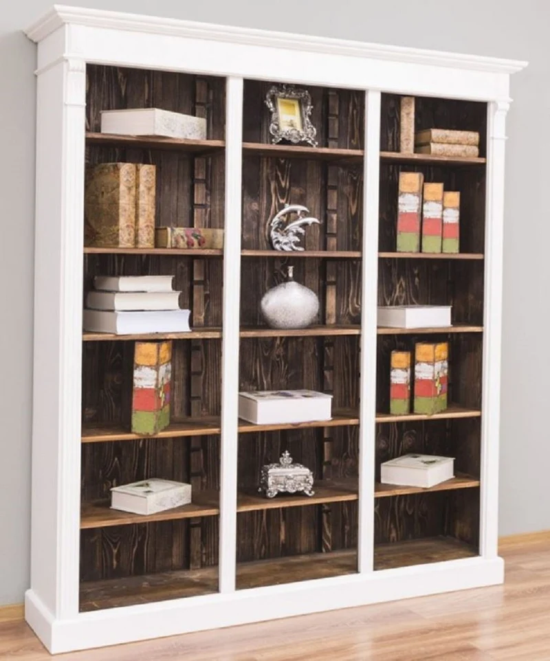 Casa Padrino Landhausstil Regalschrank Weiß / Dunkelbraun 180 x 39 x H. 197 cm - Massivholz Schrank - Bücherschrank - Wohnzimmerschrank - Büroschrank - Landhausstil Möbel