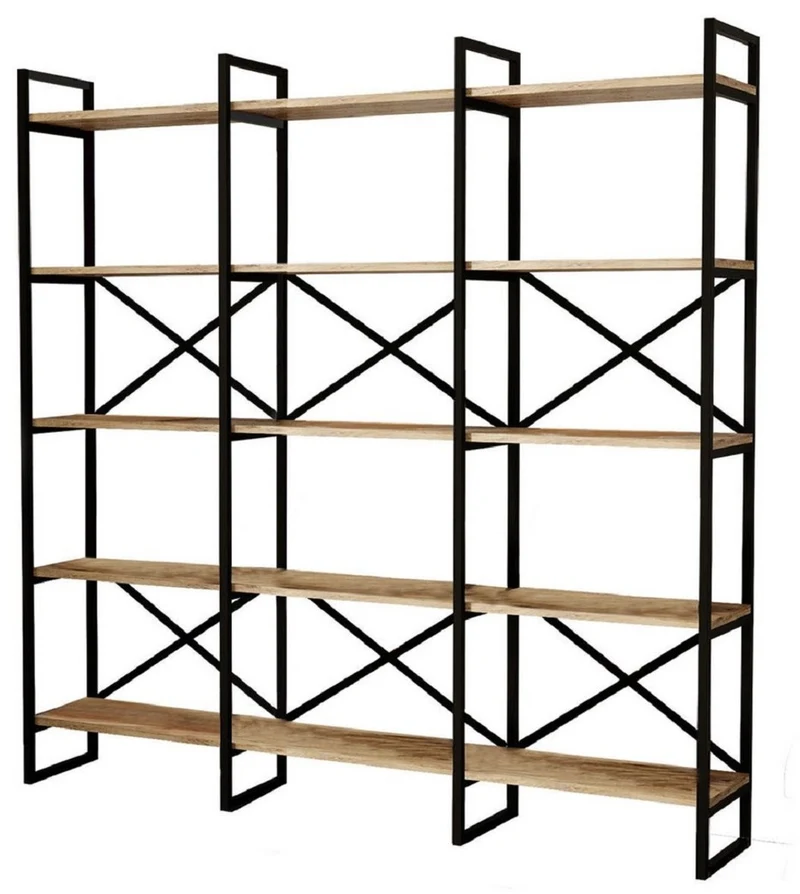 Casa Padrino Luxus Regalschrank mit Massivholz Regalen Schwarz / Naturfarben 170 x 30 x H. 175 cm - Bücherschrank - Wohnzimmer Schrank - Büro Schrank - Wohnzimmer Möbel - Büro Möbel - Luxus Möbel