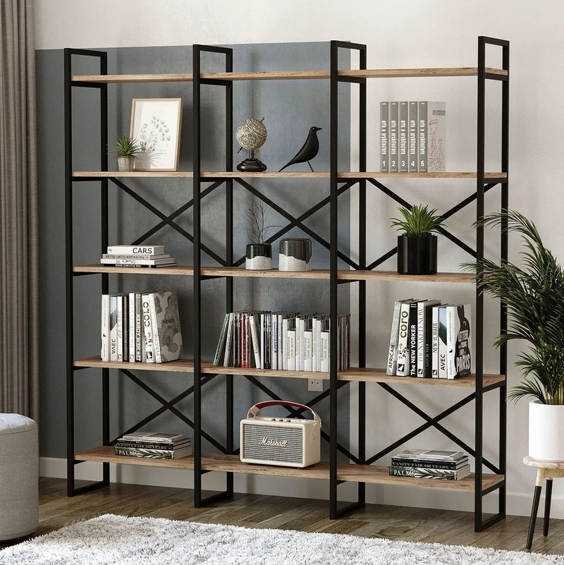 Casa Padrino Luxus Regalschrank mit Massivholz Regalen Schwarz / Naturfarben 170 x 30 x H. 175 cm - Bücherschrank - Wohnzimmer Schrank - Büro Schrank - Wohnzimmer Möbel - Büro Möbel - Luxus Möbel