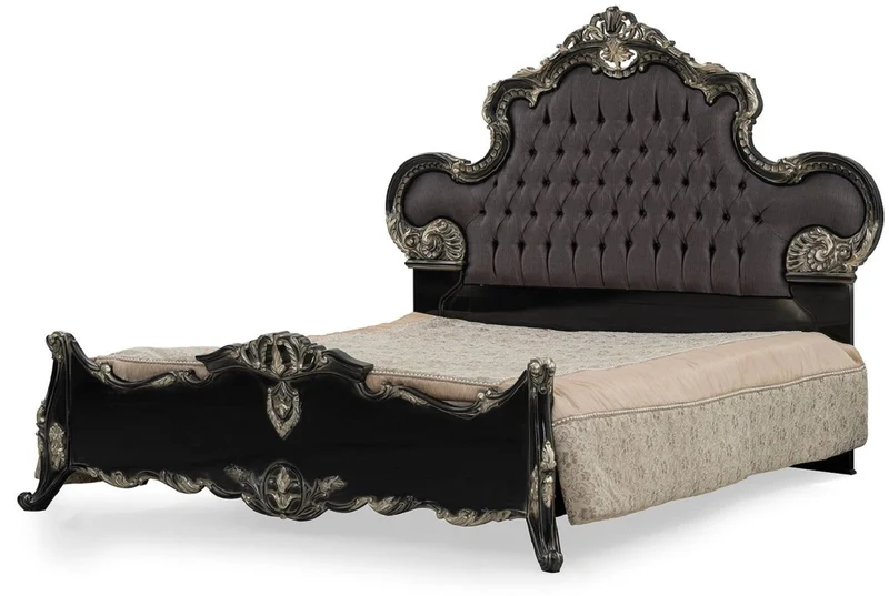 Casa Padrino Luxus Barock Doppelbett Anthrazit Grau / Schwarz / Silber - Prunkvolles Massivholz Bett - Luxus Schlafzimmer Möbel im Barockstil - Barock Schlafzimmer Möbel - Edel & Prunkvoll