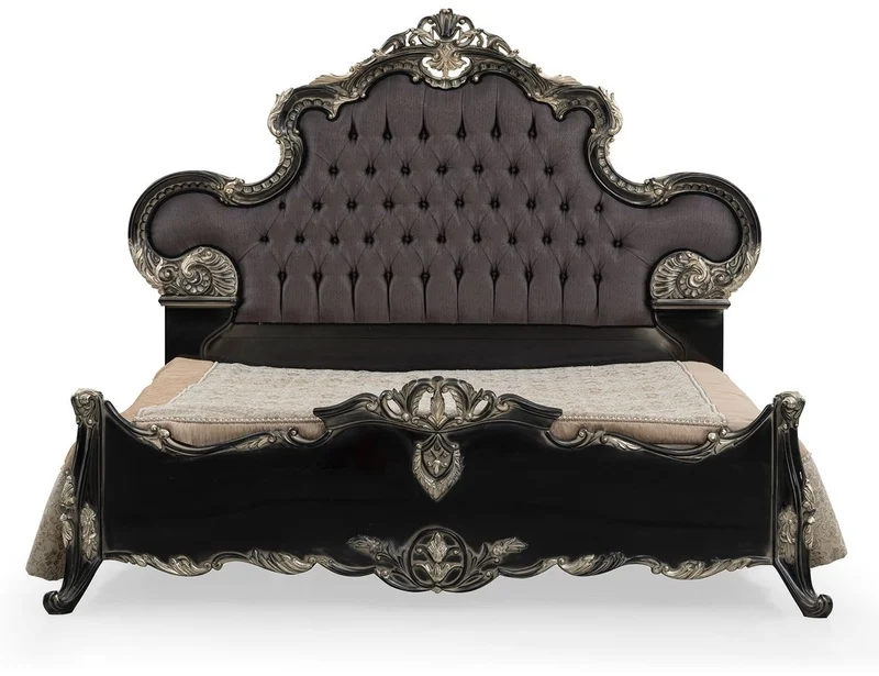 Casa Padrino Luxus Barock Doppelbett Anthrazit Grau / Schwarz / Silber - Prunkvolles Massivholz Bett - Luxus Schlafzimmer Möbel im Barockstil - Barock Schlafzimmer Möbel - Edel & Prunkvoll