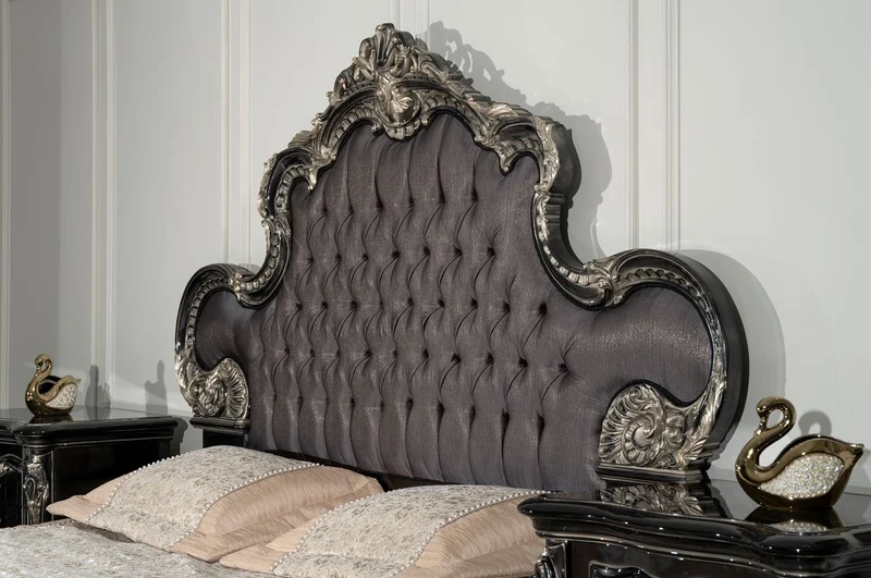 Casa Padrino Luxus Barock Doppelbett Anthrazit Grau / Schwarz / Silber - Prunkvolles Massivholz Bett - Luxus Schlafzimmer Möbel im Barockstil - Barock Schlafzimmer Möbel - Edel & Prunkvoll