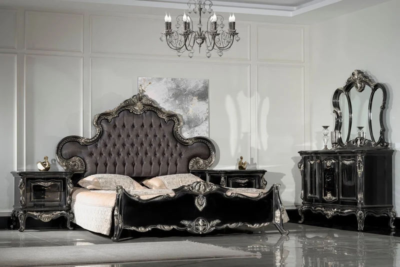 Casa Padrino Luxus Barock Doppelbett Anthrazit Grau / Schwarz / Silber - Prunkvolles Massivholz Bett - Luxus Schlafzimmer Möbel im Barockstil - Barock Schlafzimmer Möbel - Edel & Prunkvoll