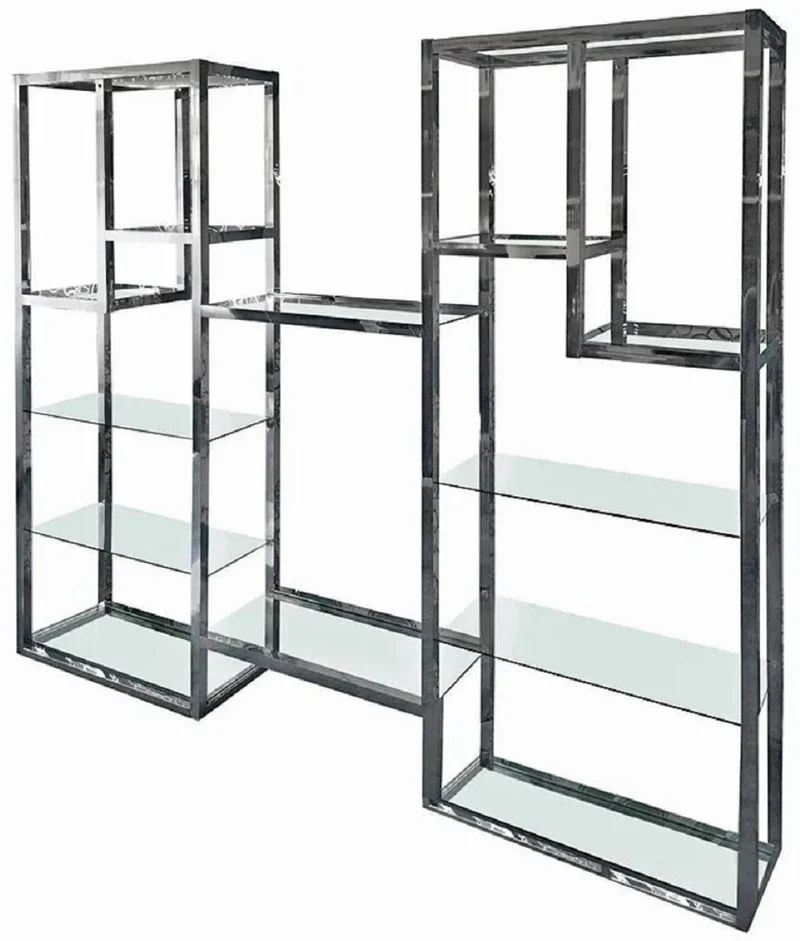 Casa Padrino Regalschrank mit Glasregalen Silber 220 x 40 x H. 220 cm - Bücherschrank - Wohnzimmer Schrank - Büro Schrank - Wohnzimmer Möbel - Büro Möbel - Luxus Möbel
