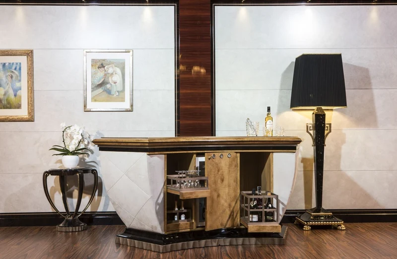 Casa Padrino Luxus Bartheke mit Kühlschrank Weiß / Naturfarben / Dunkelbraun / Grau 225 x 102 x H. 98 cm - Handgefertigter Bartisch - Hausbar - Hotel Möbel - Luxus Qualität - Made in Italy