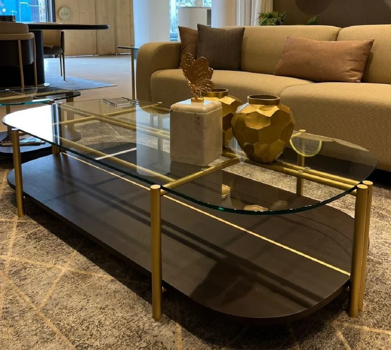 Casa Padrino Luxus Couchtisch Dunkelbraun / Messing 155 x 75 x H. 35 cm - Wohnzimmertisch mit Glasplatte - Wohnzimmer Möbel - Hotel Möbel - Luxus Möbel - Luxus Einrichtung