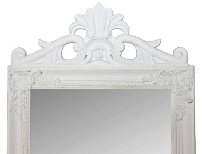 Casa Padrino Barock Standspiegel Weiss mit wunderschönen Barockrahmen und Ornamentaufsatz H. 180 cm - Handgefertigt