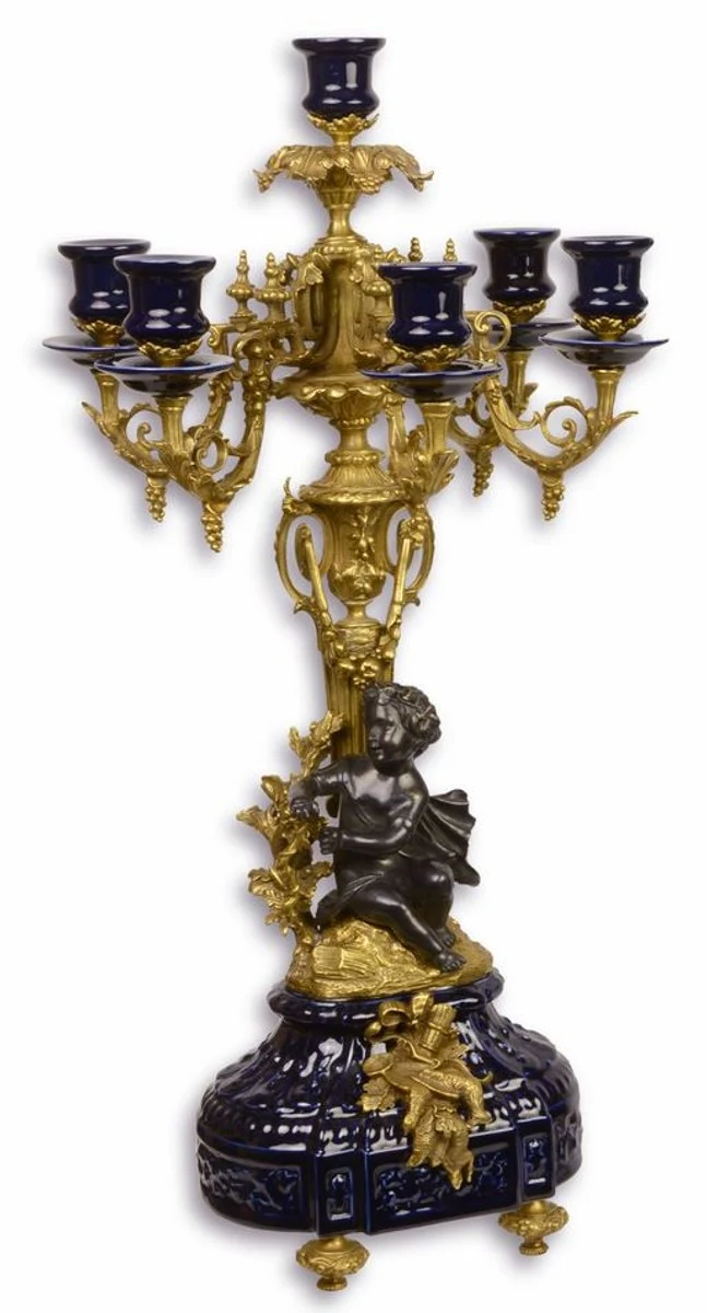Casa Padrino Barock Kerzenständer Dunkelblau / Gold 29,5 x 26,5 x H. 59,4 cm - Barockstil Hotel & Restaurant Deko