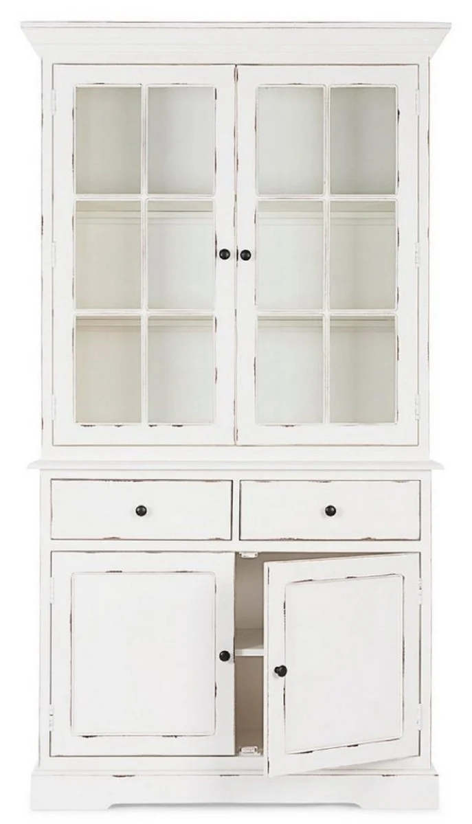 Casa Padrino Landhausstil Schrank Antik Weiß 111,4 x 42,5 x H. 203 cm - Landhausstil Esszimmerschrank mit 4 Türen und 2 Schubladen - Landhausstil Vitrine - Landhausstil Esszimmer Möbel