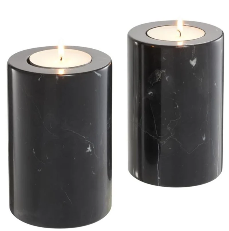 Casa Padrino Luxus Marmor Teelichthalter Set Schwarz Ø 10 x H. 15 cm - Hotel & Restaurant Deko Accessoires