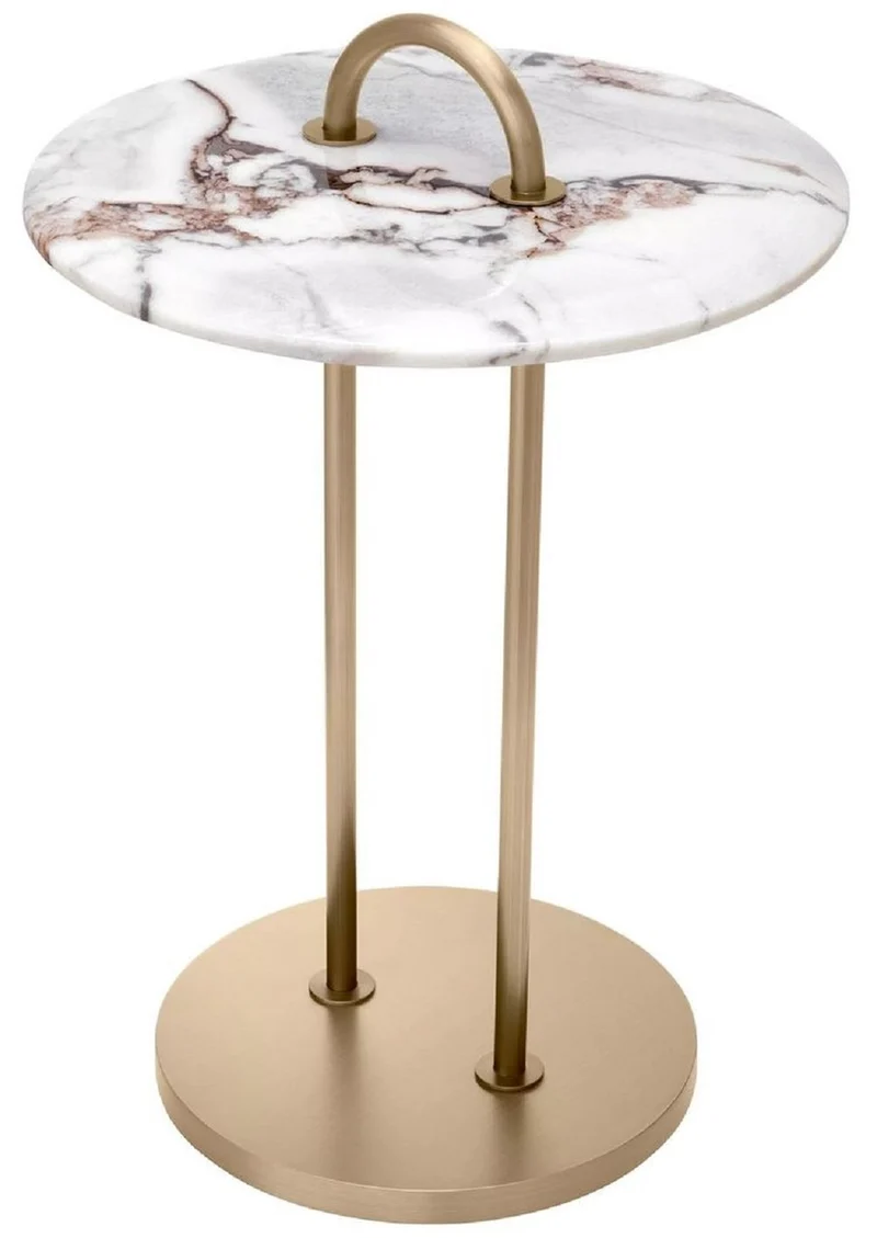 Casa Padrino Luxus Beistelltisch Messing / Weiß Ø 38,5 x H. 58 cm - Runder Tisch mit Marmorplatte und Tragegriff - Wohnzimmer Möbel - Luxus Möbel - Wohnzimmer Einrichtung - Luxus Qualität