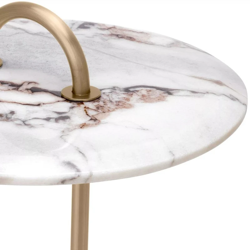 Casa Padrino Luxus Beistelltisch Messing / Weiß Ø 38,5 x H. 58 cm - Runder Tisch mit Marmorplatte und Tragegriff - Wohnzimmer Möbel - Luxus Möbel - Wohnzimmer Einrichtung - Luxus Qualität