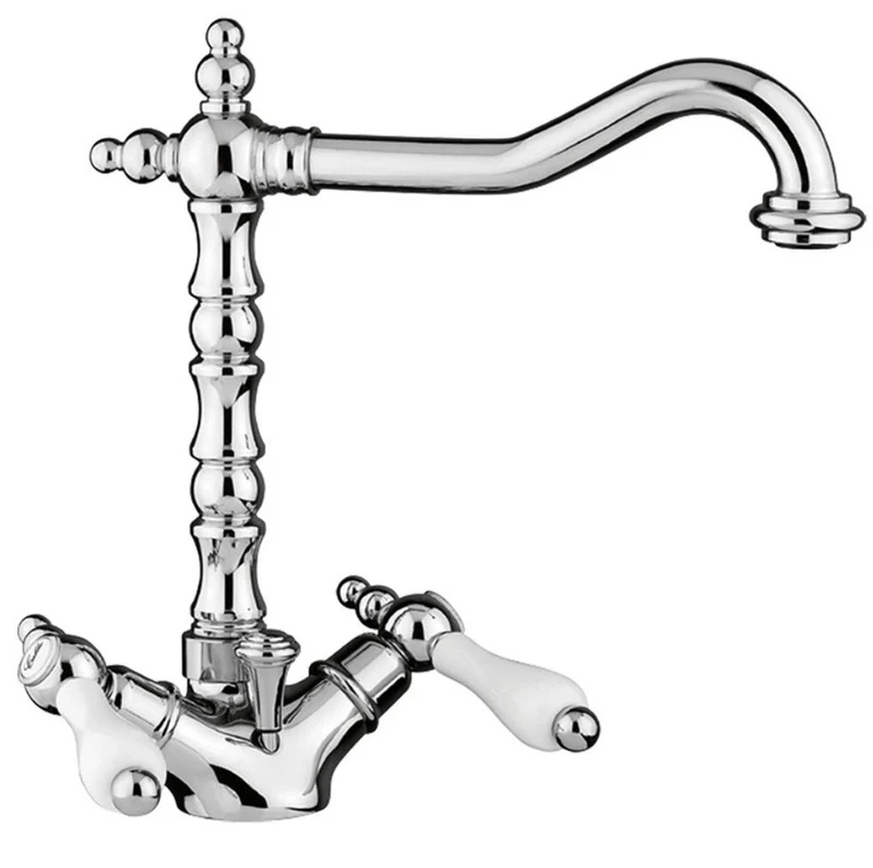 Jugendstil Retro Waschtisch-Einlochbatterie Silber / Weiß H. 26,5 cm - Waschbecken Armatur Made in Italy