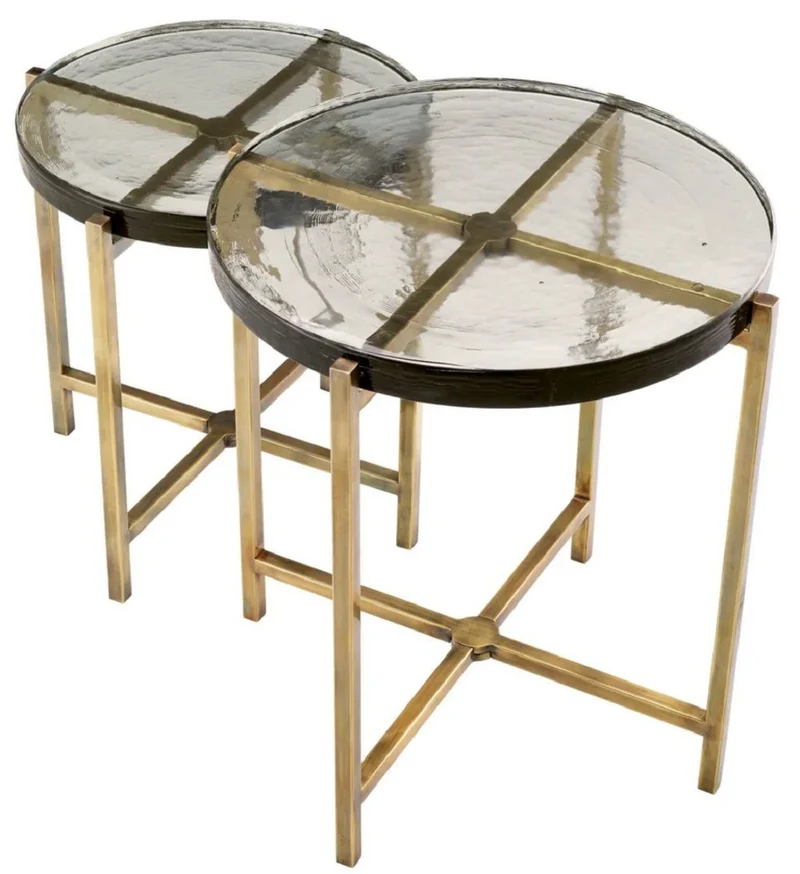 Casa Padrino Luxus Beistelltisch Set Vintage Messing - 2 runde Edelstahl Tische mit Glasplatte - Wohnzimmer Möbel - Hotel Möbel - Luxus Möbel - Luxus Einrichtung - Möbel Luxus