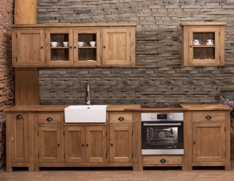 Casa Padrino Landhausstil Einbauküche Braun 343 x 65 x H. 90 cm - Massivholz Küchenzeile - Esszimmer Möbel im Landhausstil