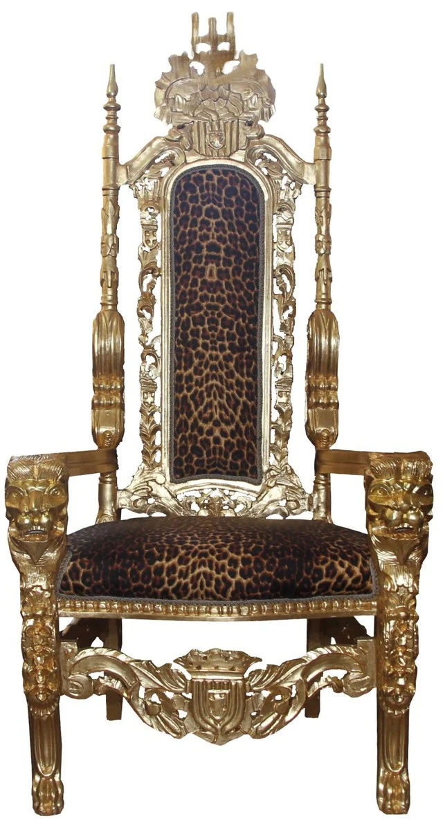 Casa Padrino Barock Thron Sessel Gold / Leopard Königssessel - Hochzeitssessel - Riesensessel
