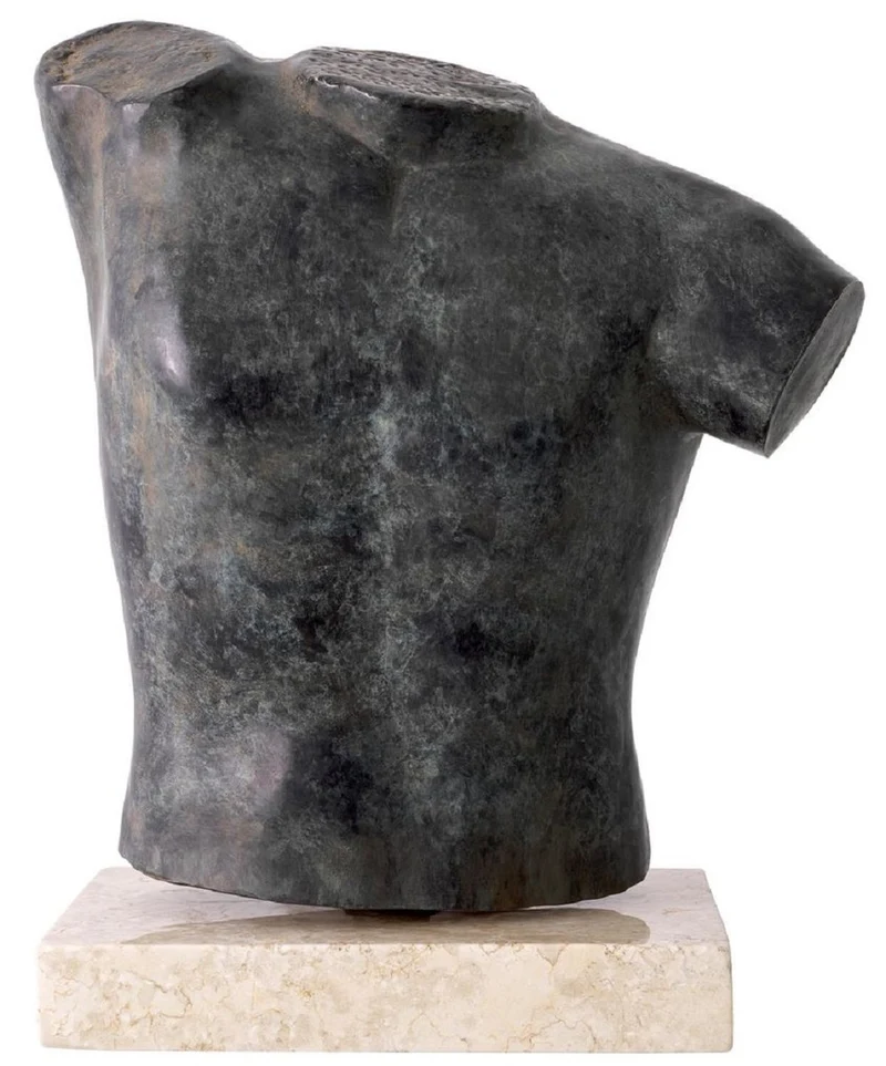 Casa Padrino Luxus Deko Torso Skulptur Antik Bronze / Beige 38 x 23 x H. 48 cm - Metall Deko Figur mit Marmorsockel - Wohnzimmer Deko - Schreibtisch Deko - Büro Deko - Deko Accessoires