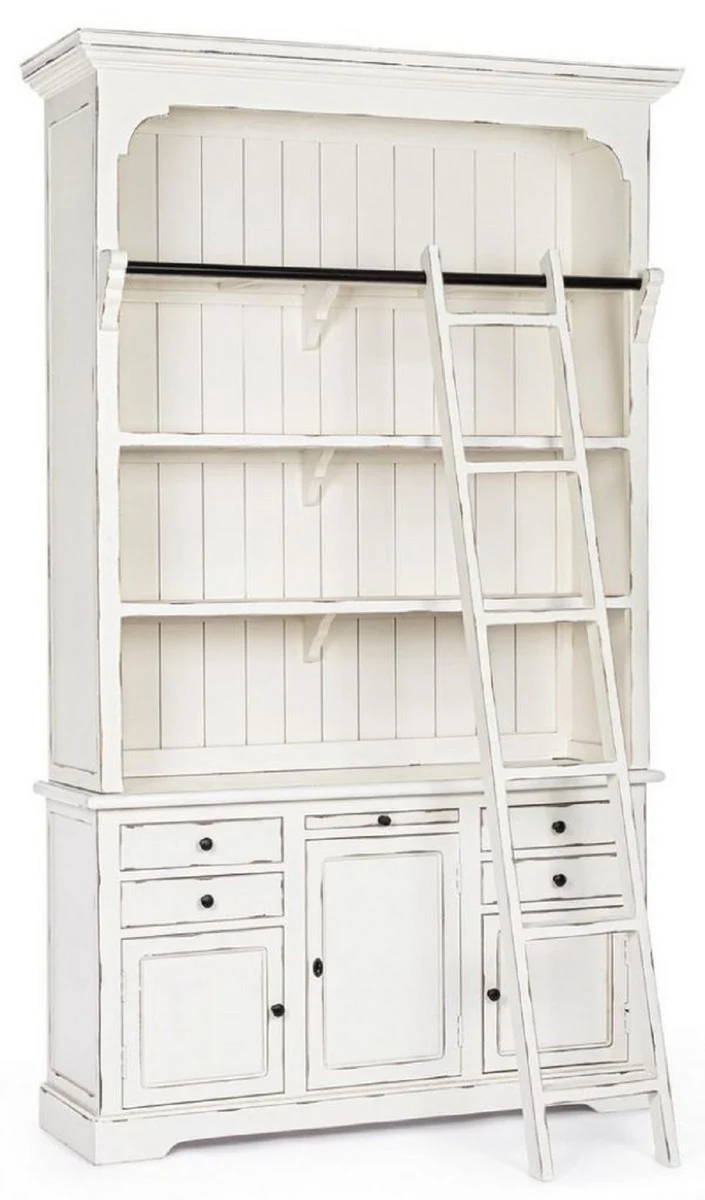Casa Padrino Landhausstil Schrank mit Leiter Antik Weiß 143,5 x 40,6 x H. 233,7 cm - Bücherschrank - Regalschrank - Wohnzimmerschrank - Büroschrank - Landhausstil Möbel