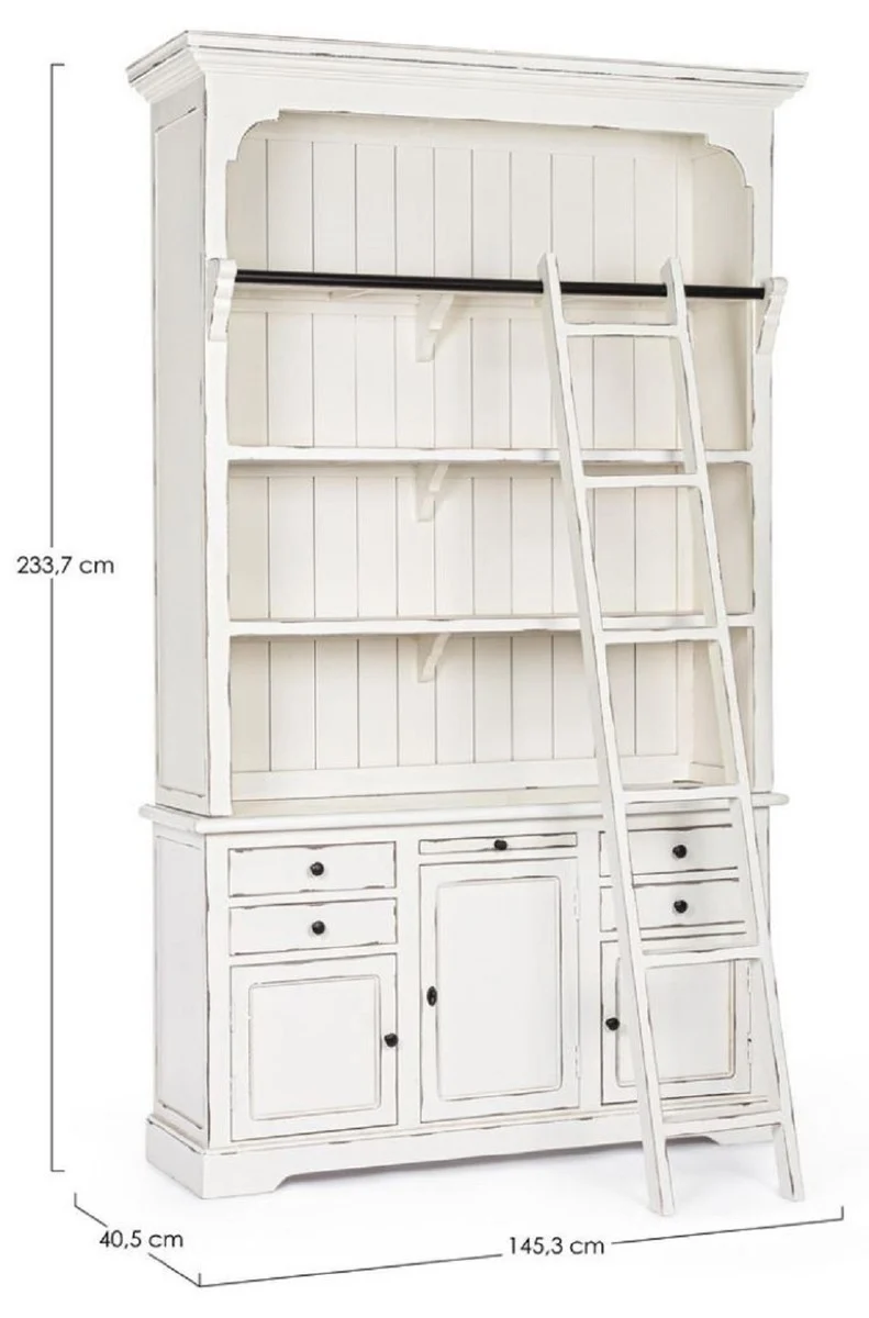 Casa Padrino Landhausstil Schrank mit Leiter Antik Weiß 143,5 x 40,6 x H. 233,7 cm - Bücherschrank - Regalschrank - Wohnzimmerschrank - Büroschrank - Landhausstil Möbel