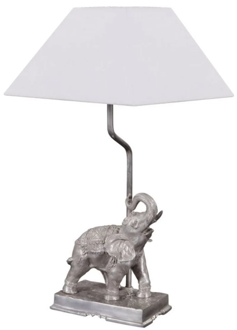 Casa Padrino Tischleuchte Bronze Elefant Versilbert 35 x 29 x H. 50 cm - Luxus Tischlampe mit weißem Lampenschirm