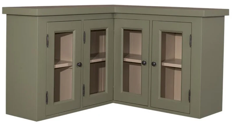 Casa Padrino Landhausstil Küchen Eckoberschrank Grün / Beige 98 x 98 x H. 65 cm - Landhausstil Hängeschrank mit 3 Glastüren