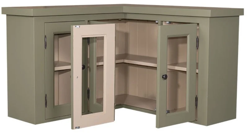 Casa Padrino Landhausstil Küchen Eckoberschrank Grün / Beige 98 x 98 x H. 65 cm - Landhausstil Hängeschrank mit 3 Glastüren
