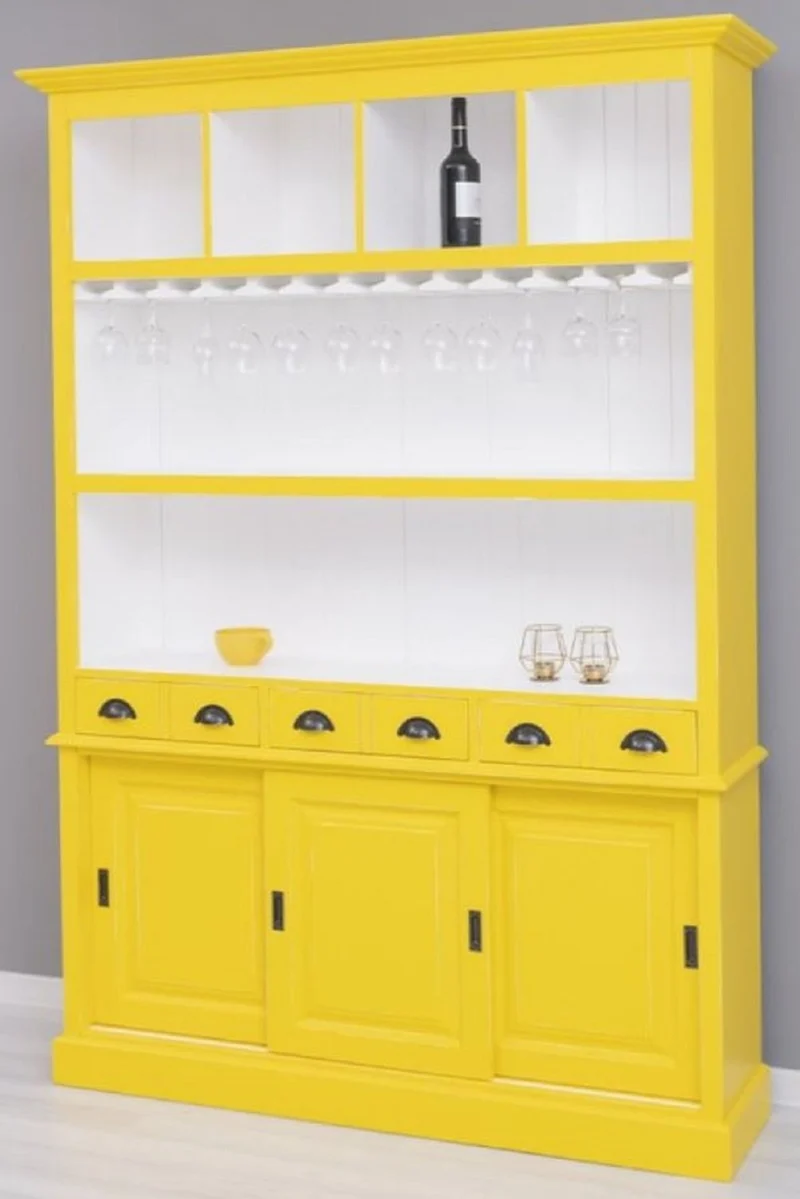 Casa Padrino Landhausstil Massivholz Barschrank Gelb / Weiß 151 x 36 x H. 210 cm - Massivholz Weinschrank im Landhausstil - Massivholz Bar Möbel - Landhausstil Bar Möbel