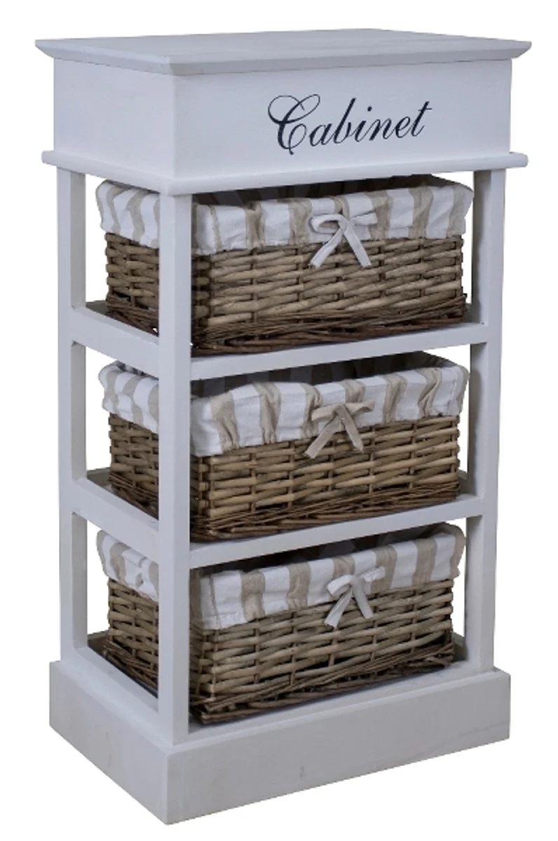 Casa Padrino Landhausstil Kommode mit 3 Rattankörben, Weiß / Naturfarben, 38 x 28 x H. 70 cm
