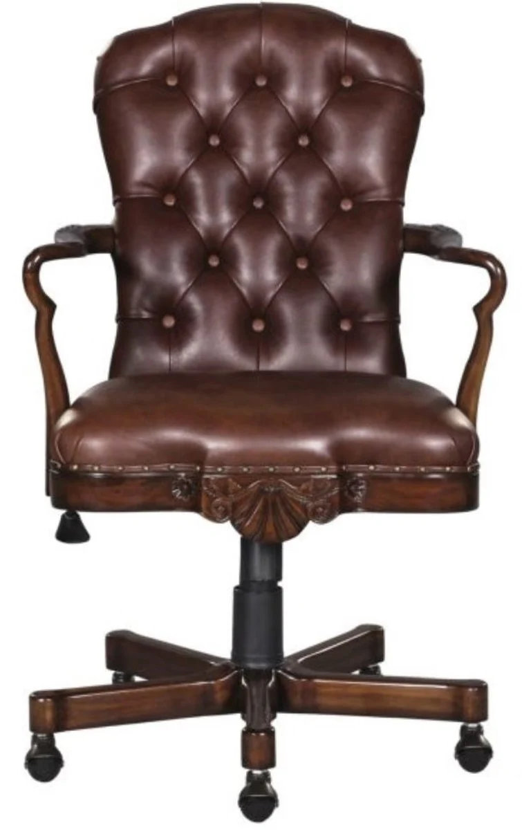 Casa Padrino Luxus Echtleder Bürostuhl / Drehstuhl Braun 63 x 68 x H. 102 cm - Luxus Büromöbel
