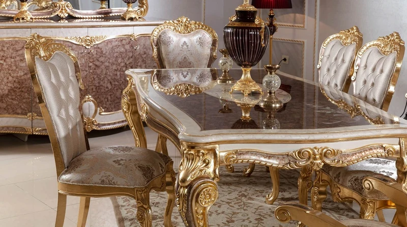 Casa Padrino Luxus Barock Esszimmer Set Weiß / Silber / Braun / Gold - 1 Barock Esstisch & 6 Barock Esszimmerstühle - Barock Esszimmer Möbel - Edel & Prunkvoll