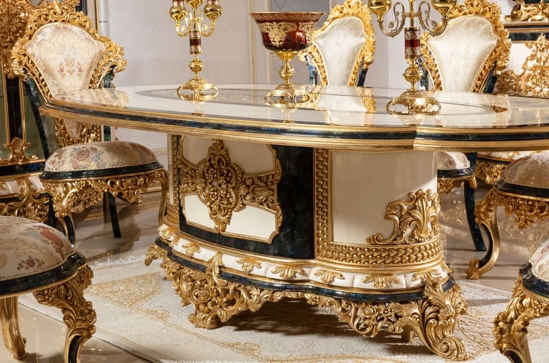 Casa Padrino Luxus Barock Esszimmer Set Weiß / Mehrfarbig / Blau / Gold - 1 Barock Esstisch & 6 Barock Esszimmerstühle - Barock Esszimmer Möbel - Edel & Prunkvoll