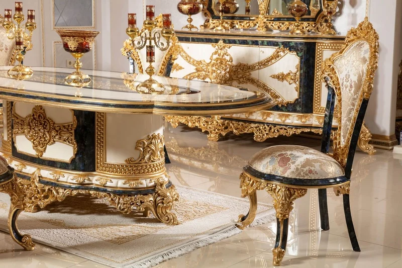 Casa Padrino Luxus Barock Esszimmer Set Weiß / Mehrfarbig / Blau / Gold - 1 Barock Esstisch & 6 Barock Esszimmerstühle - Barock Esszimmer Möbel - Edel & Prunkvoll