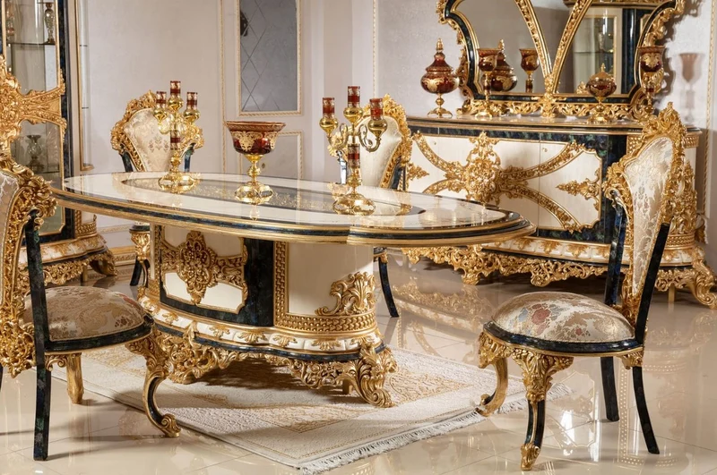 Casa Padrino Luxus Barock Esszimmer Set Weiß / Mehrfarbig / Blau / Gold - 1 Barock Esstisch & 6 Barock Esszimmerstühle - Barock Esszimmer Möbel - Edel & Prunkvoll