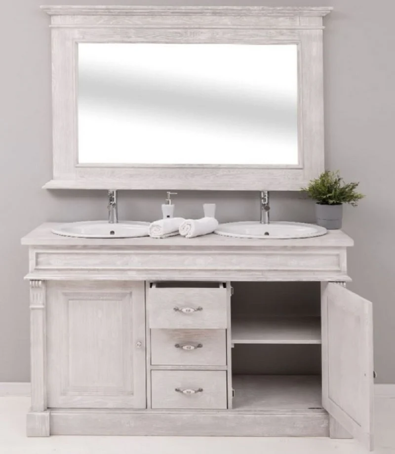 Casa Padrino Landhausstil Badezimmer Set Hellgrau - 1 Doppelwaschtisch & 2 Waschbecken & 2 Wasserhähne & 1 Wandspiegel - Massivholz Badezimmer Möbel im Landhausstil