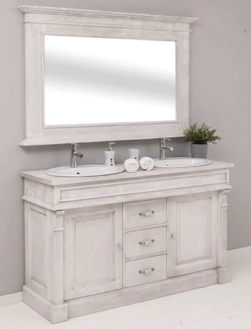 Casa Padrino Landhausstil Badezimmer Set Hellgrau - 1 Doppelwaschtisch & 2 Waschbecken & 2 Wasserhähne & 1 Wandspiegel - Massivholz Badezimmer Möbel im Landhausstil