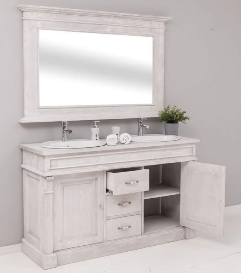 Casa Padrino Landhausstil Badezimmer Set Hellgrau - 1 Doppelwaschtisch & 2 Waschbecken & 2 Wasserhähne & 1 Wandspiegel - Massivholz Badezimmer Möbel im Landhausstil