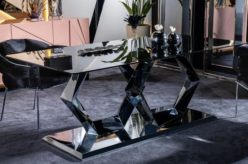 Casa Padrino Luxus Designer Esszimmer Möbel Set Schwarz / Silber - 1 Luxus Esstisch mit Glasplatte & 6 Luxus Esszimmerstühle - Esszimmer Möbel - Luxus Möbel - Luxus Esszimmer Einrichtung