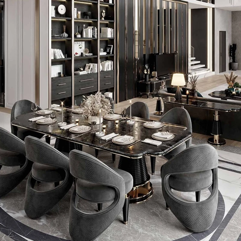 Casa Padrino Luxus Esszimmer Möbel Set Grau / Schwarz / Gold - 1 Luxus Esstisch mit Kunstmarmor Tischplatte & 8 Luxus Esszimmerstühle - Esszimmer Möbel - Restaurant Möbel - Luxus Möbel