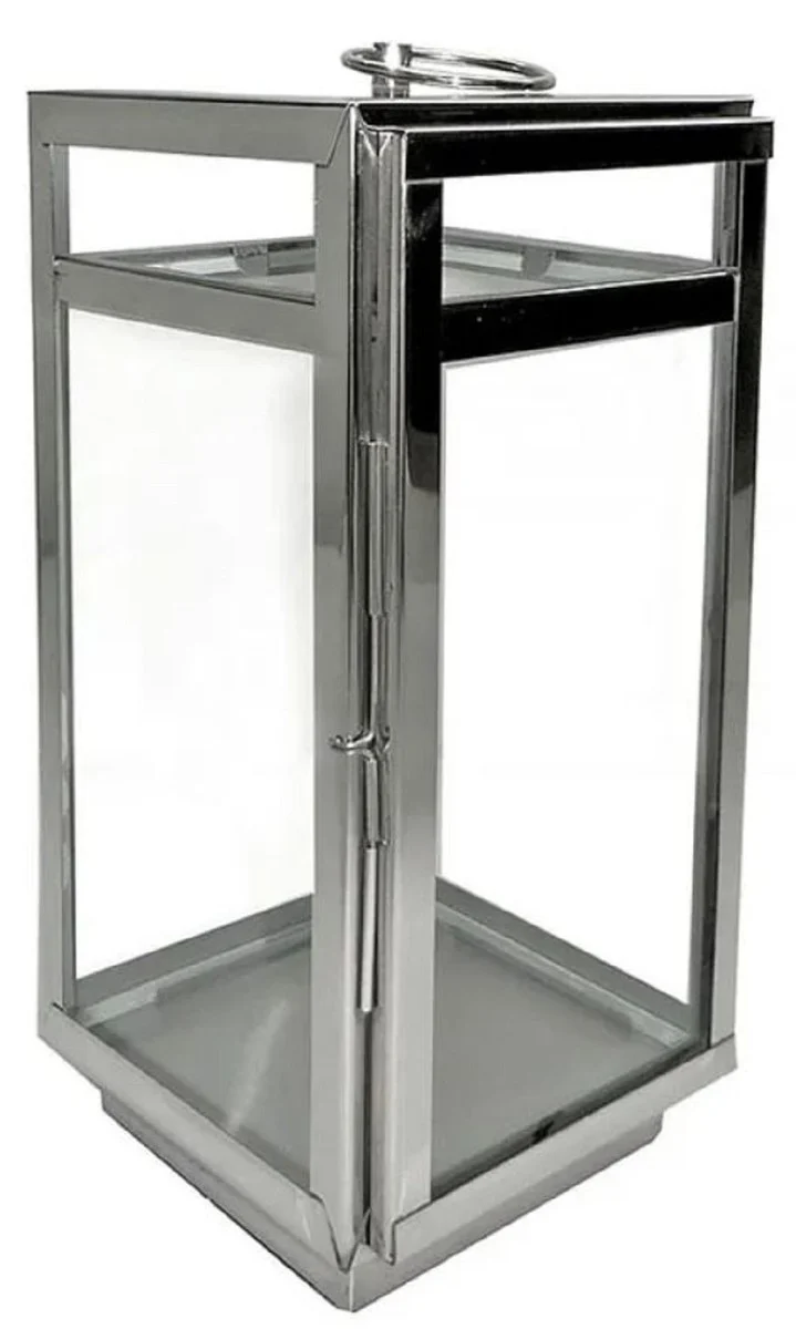 Casa Padrino Deko Kerzenleuchter Silber 18,5 x 18,5 x H. 38 cm - Metall Laterne mit Tragegriff - Gastronomie Accessoires - Restaurant Accessoires - Hotel Accessoires - Deko Accessoires