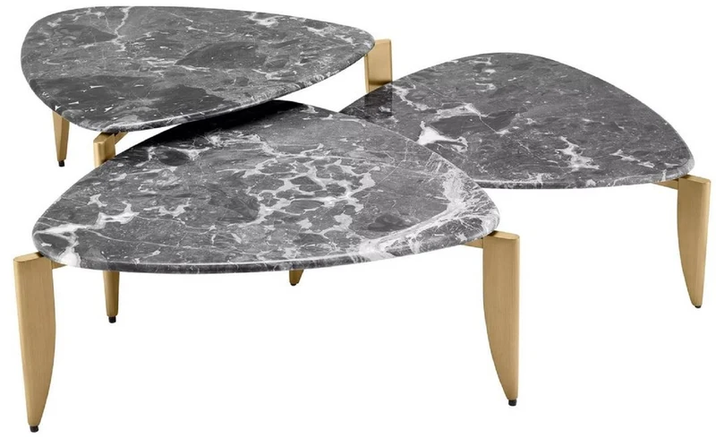 Casa Padrino Luxus Couchtisch 3er Set Messing / Grau - Messing Wohnzimmertische mit Marmorplatte - Wohnzimmer Möbel - Hotel Möbel - Luxus Qualität
