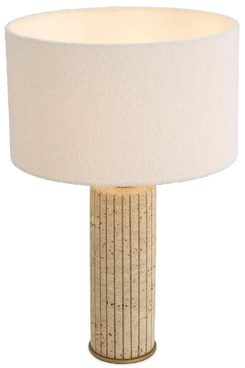 Casa Padrino Luxus Tischleuchte Beige / Antik Messing / Creme Ø 40 x H. 64 cm - Travertin Schreibtischleuchte mit rundem Lampenschirm - Luxus Tischleuchten - Luxus Leuchten - Luxus Möbel