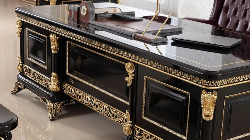 Casa Padrino Luxus Barock Schreibtisch Schwarz / Gold - Prunkvoller Massivholz Bürotisch - Barock Büromöbel - Edel & Prunkvoll
