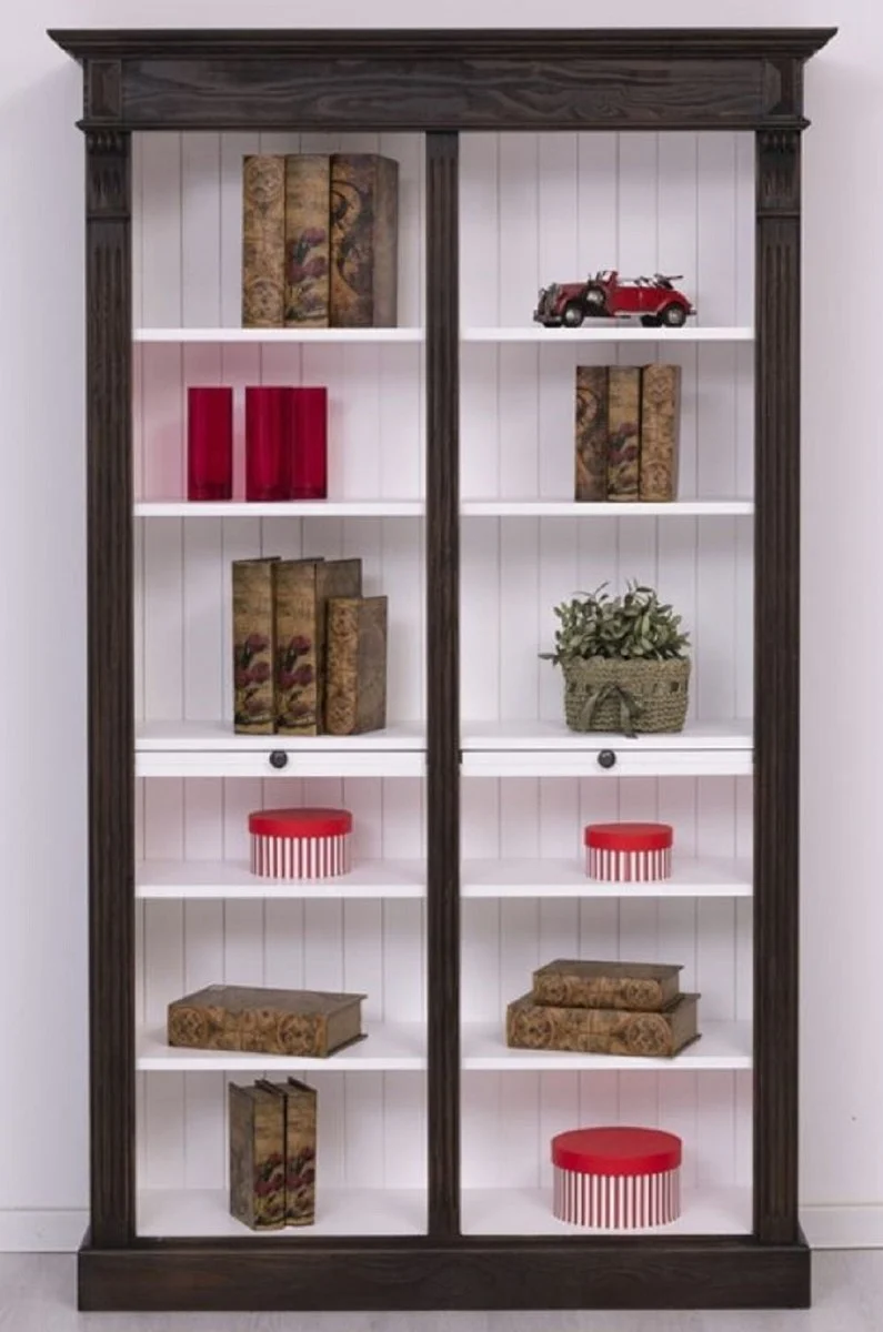 Casa Padrino Landhausstil Bücherschrank Schwarz / Weiß 120 x 37 x H. 197 cm - Massivholz Schrank - Regalschrank - Wohnzimmerschrank - Landhausstil Möbel