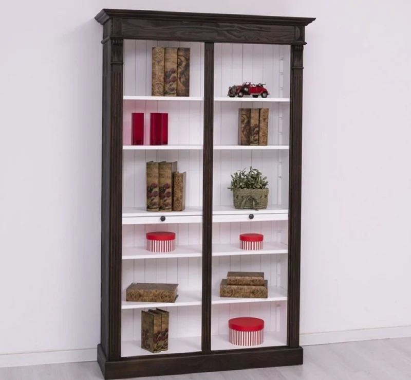 Casa Padrino Landhausstil Bücherschrank Schwarz / Weiß 120 x 37 x H. 197 cm - Massivholz Schrank - Regalschrank - Wohnzimmerschrank - Landhausstil Möbel