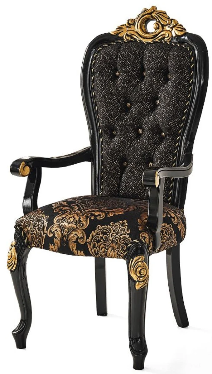 Casa Padrino Luxus Barock Esszimmer Set Braun / Schwarz / Gold - 1 Esstisch mit Tischplatte in Marmoroptik & 6 Esszimmerstühle - Prunkvolle Esszimmer Möbel im Barockstil