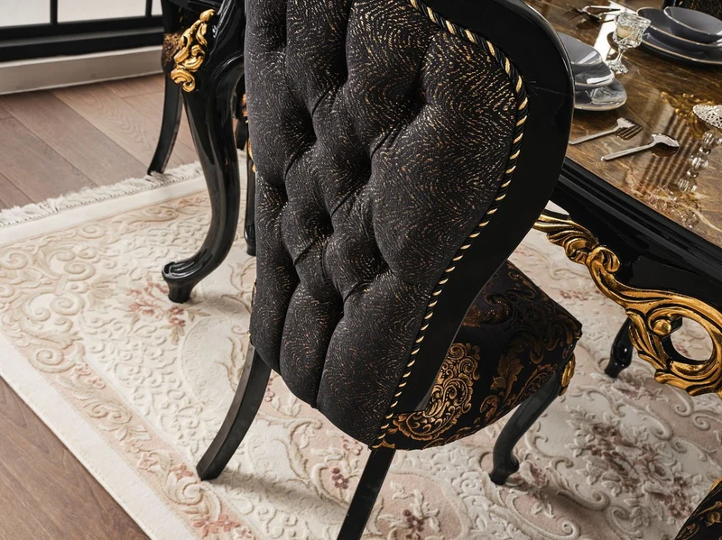 Casa Padrino Luxus Barock Esszimmer Set Braun / Schwarz / Gold - 1 Esstisch mit Tischplatte in Marmoroptik & 6 Esszimmerstühle - Prunkvolle Esszimmer Möbel im Barockstil